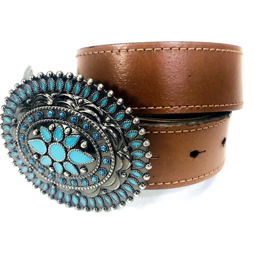 Faux Turquoise Buckle Leather Belt S M Women Concho Silver Brown Western 26-32 - Picture 14 of 14